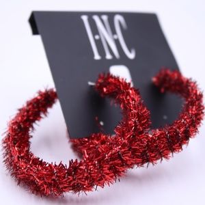 INC International Concepts Medium Red Tinsel Open Hoop Earrings NWT
